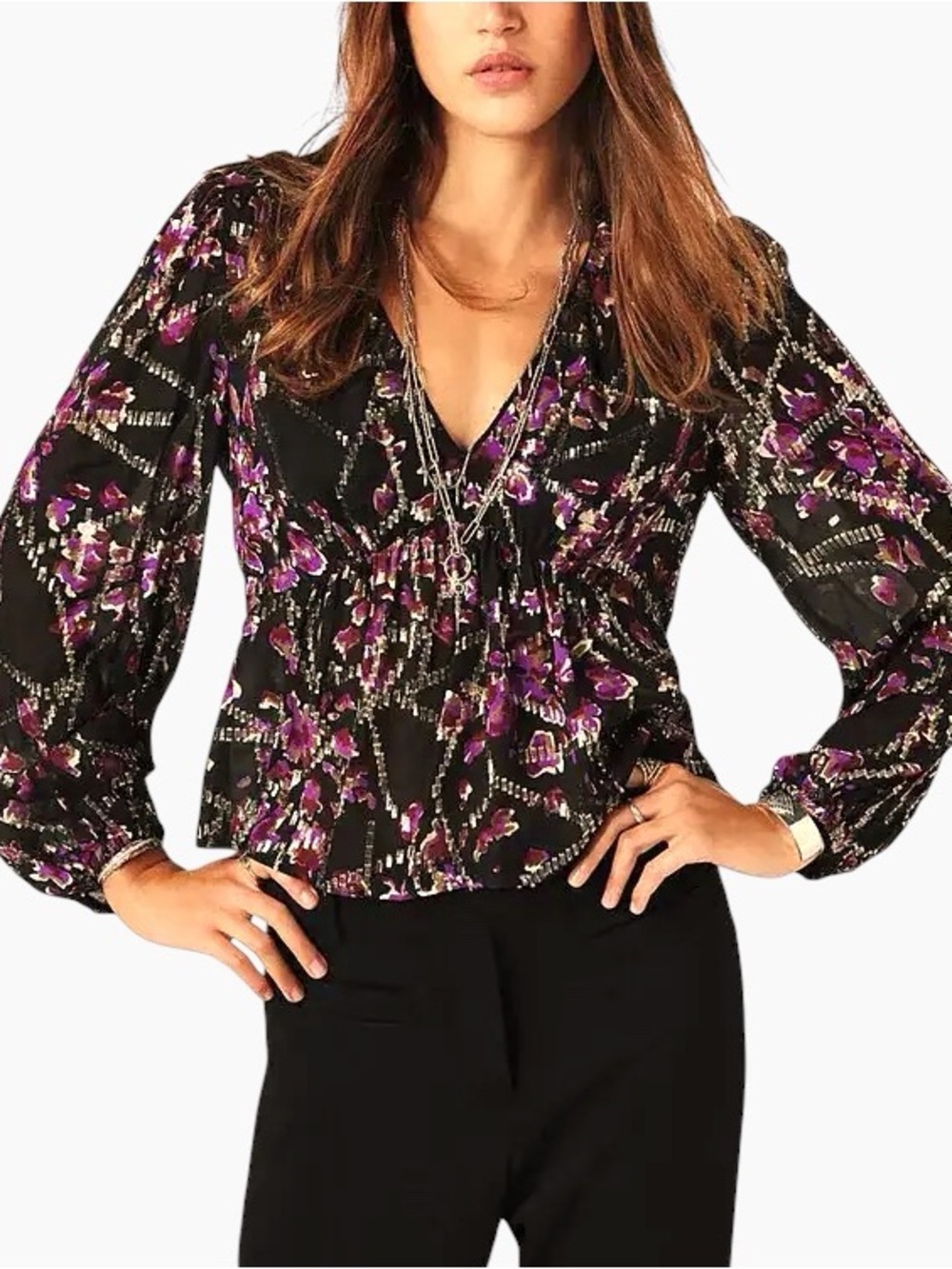 ba&sh Divine Silk Blend Gold Lurex Long Sleeved Peasant Top in Noir US Size 4